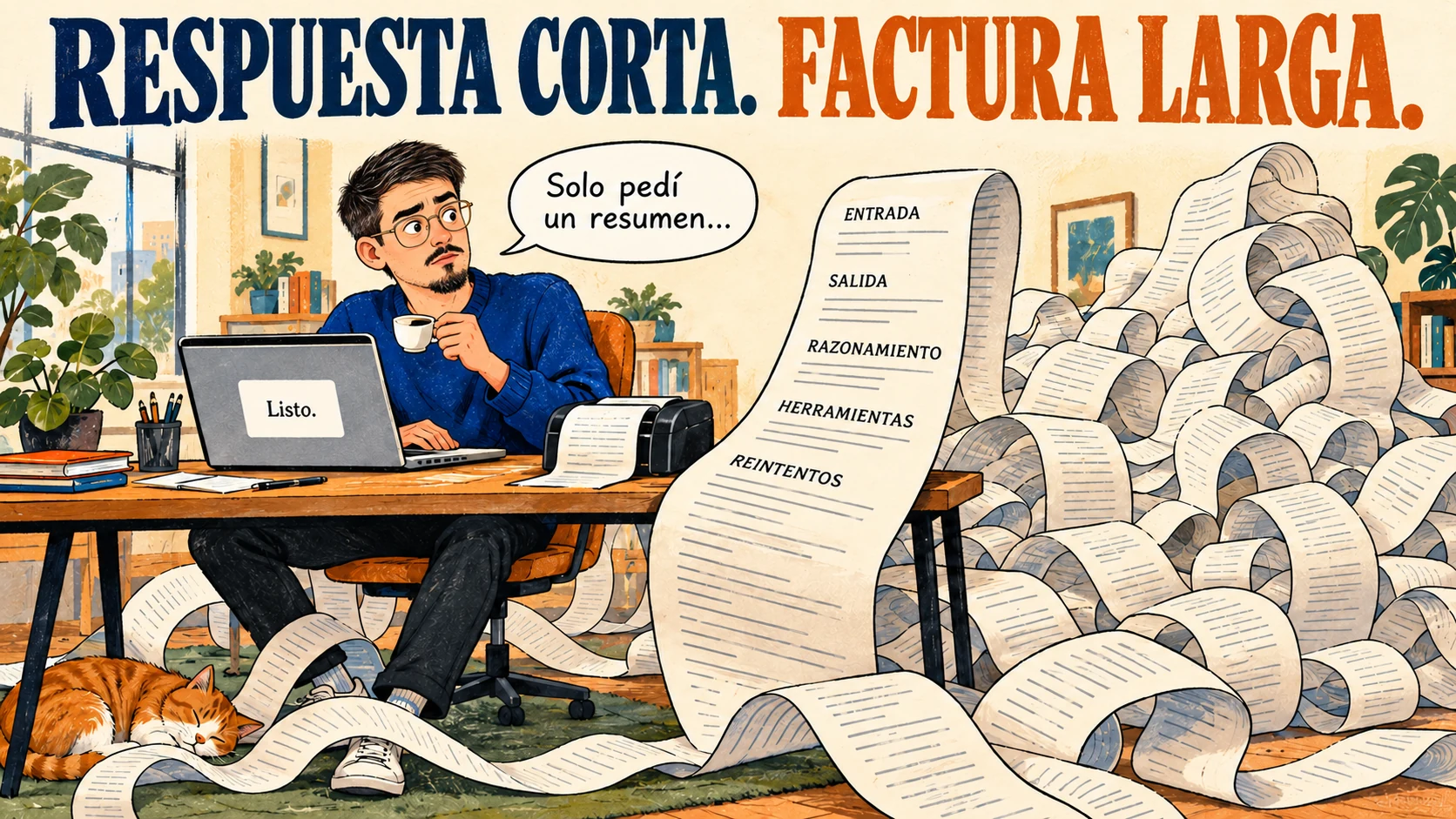 Caricatura personalizada de Mario: una respuesta de una sola palabra en el portátil y una impresora que expulsa una factura enorme con entrada, salida, razonamiento, herramientas y reintentos. Titular: Respuesta corta. Factura larga.